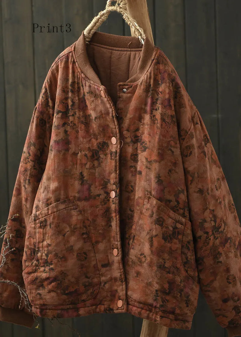 Stand Collar Pockets Print Fine Cotton Filled Coat Spring
