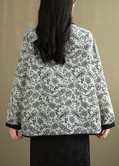 Retro O-neck Tassel Pockets Print Cotton Coat Spring