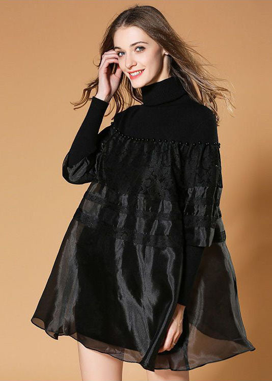 Black Turtle Neck Nail Bead Patchwork Organza Knit Dresses Spring