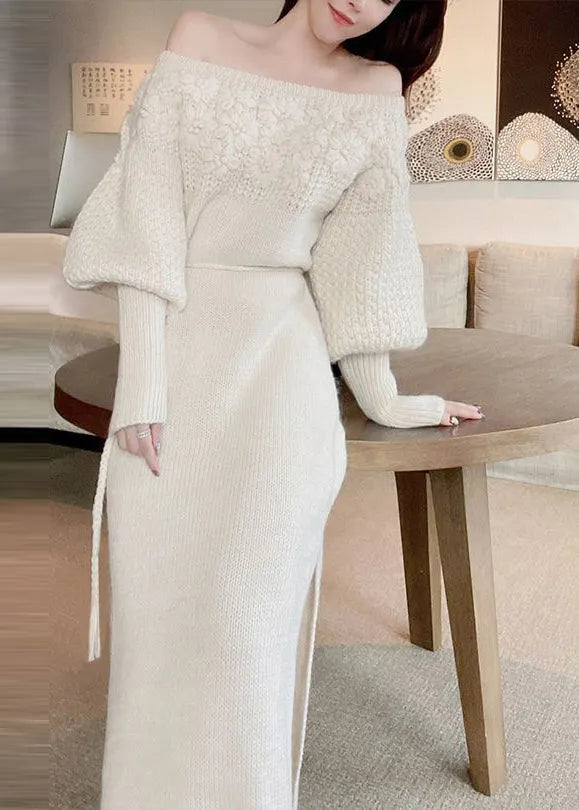 French Beige Flower Knitted Off Shoulder Sweater Dress Autumn