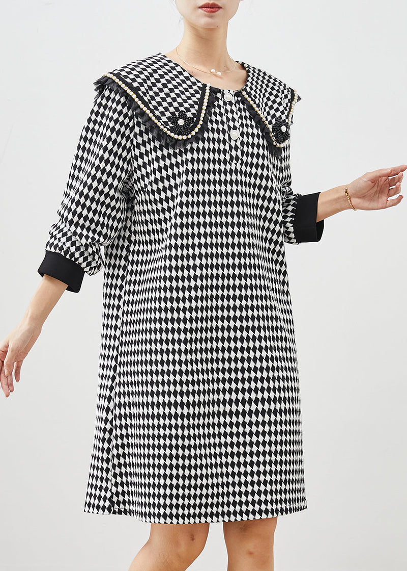 Black White Plaid Sailor Collar Cotton Dress Spring