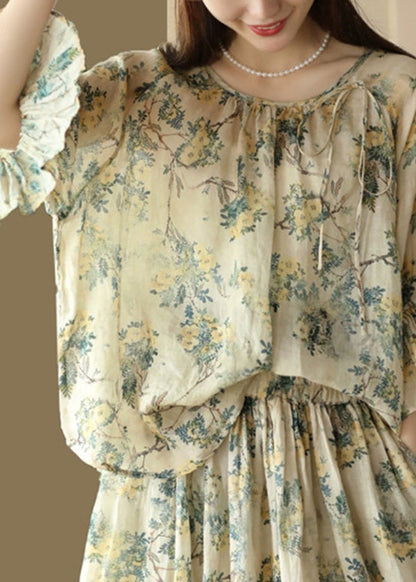 O-neck Print Tie Waist Ramie Shirts Flare Sleeve