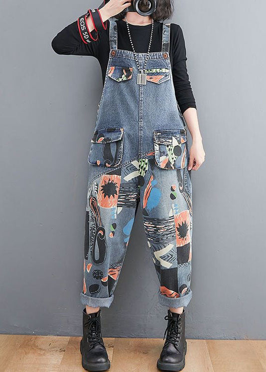 Diy Blue Pockets Print Patchwork Denim Jumpsuit Spring