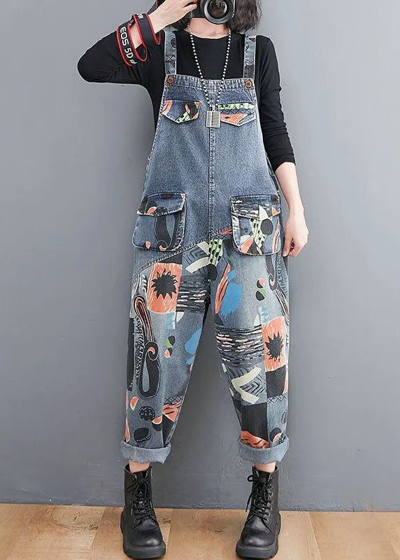 Diy Blue Pockets Print Patchwork Denim Jumpsuit Spring