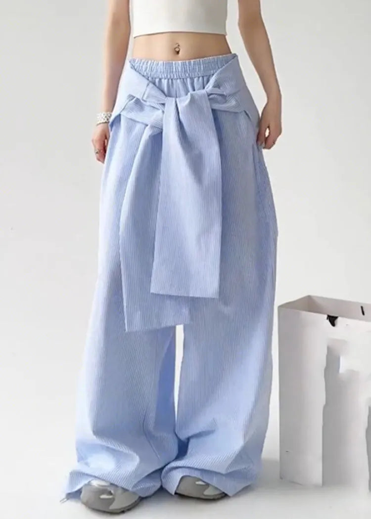 Blue Tie Waist Detachable Striped Straight Pants Spring