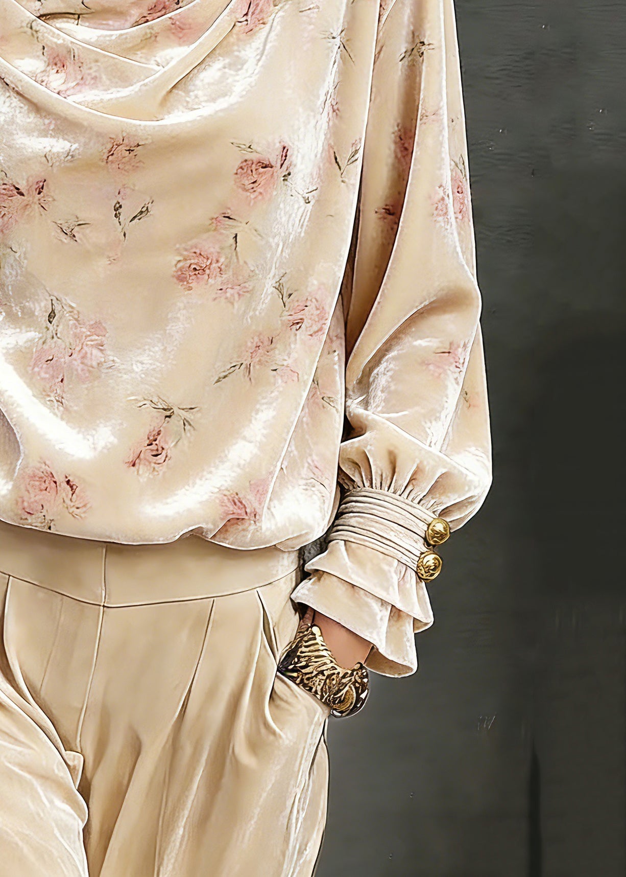 Pink Draped Necklin Print Silk Velour Shirts Lantern Sleeve