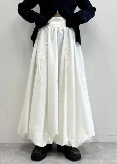 White Cotton Lantern Skirt High Waist Wrinkled Summer