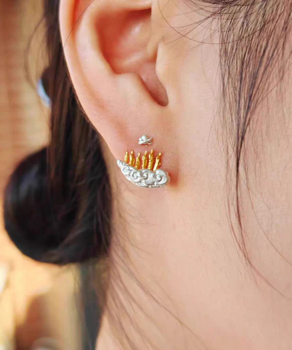Gold Sterling Silver Overgild Auspicious Clouds Lotus Six Buddhas Stud Earrings