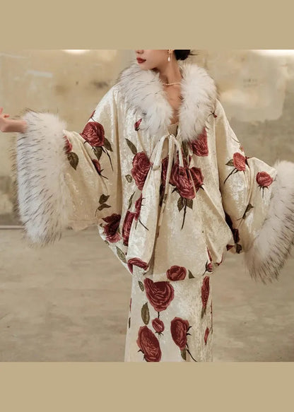 Autumn New Rose Print Fur Collar Silk Dress Two Piece Set