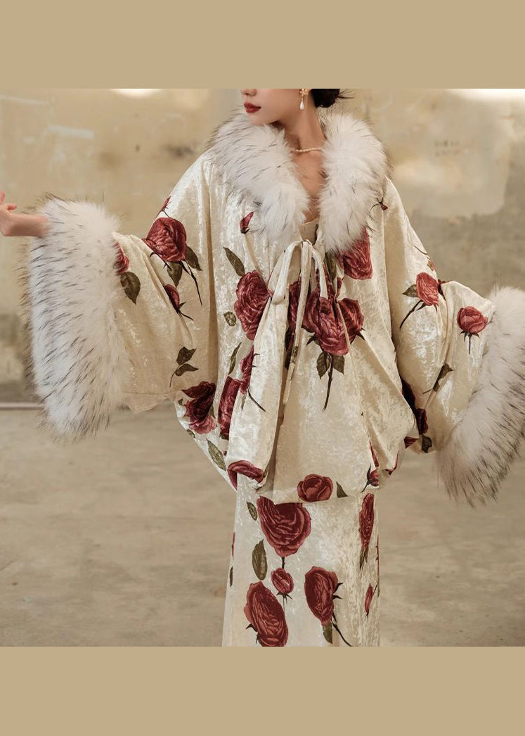 Autumn New Rose Print Fur Collar Silk Dress Two Piece Set