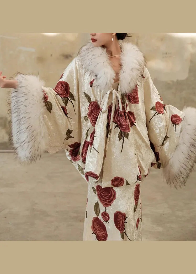 Autumn New Rose Print Fur Collar Silk Dress Two Piece Set