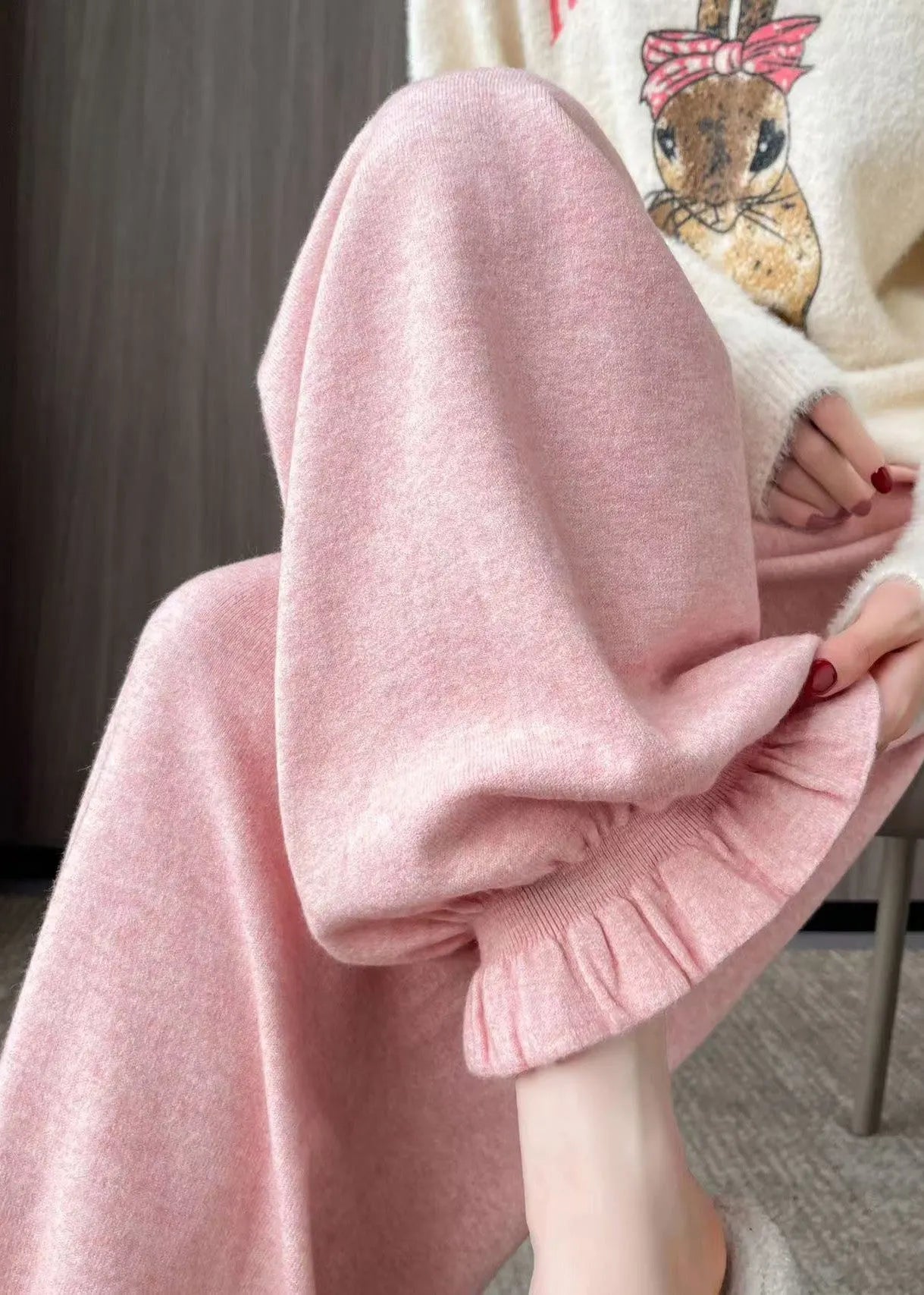 Pink Oversized Pockets Knit Pants Fall