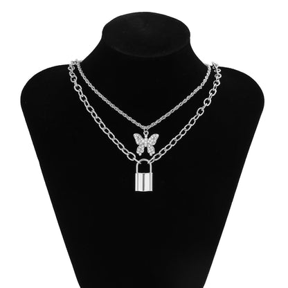 Inlaid Rhinestone Set Metal Necklace Personality Geometric Padlock Pendant Alloy Jewelry