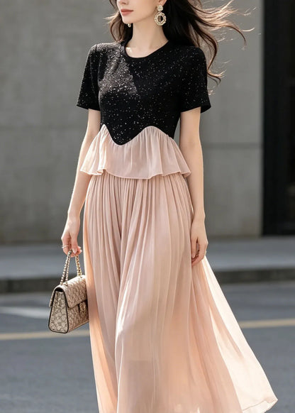 French Black O Neck Cotton Top Patchwork and Pink Tulle Pants Skirt Two Piece Set Summer