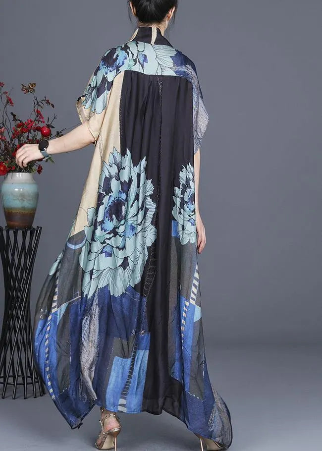 Handmade Black Print Asymmetrical Design Silk Two Pieces Set Summer Dress