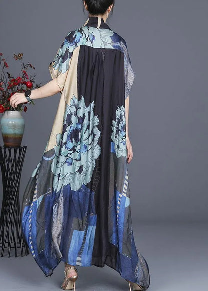 Handmade Black Print Asymmetrical Design Silk Two Pieces Set Summer Dress