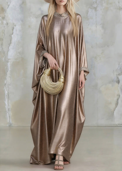 Gold Silk Maxi Dresses Flare Sleeve
