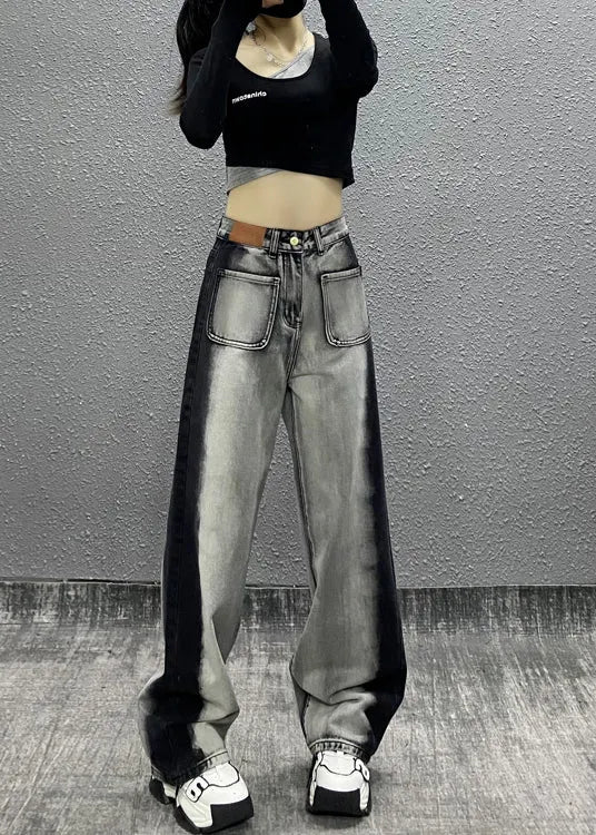 Colorblock Pockets High Waist Denim Wide Leg Pants Fall