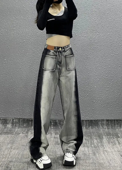 Colorblock Pockets High Waist Denim Wide Leg Pants Fall