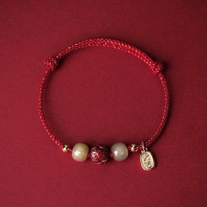 Buddha Stones 14k Gold Plated Hetian Jade Cinnabar Lotus Luck Handcrafted Rope Bracelet
