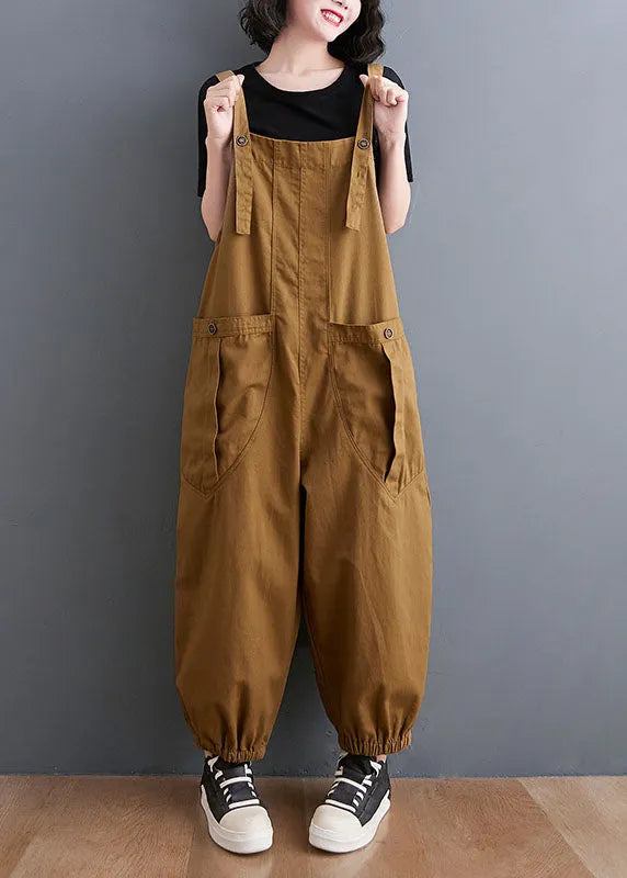 Yellow Slash Neck Patchwork Pockets Harem Jumpsuit Fall