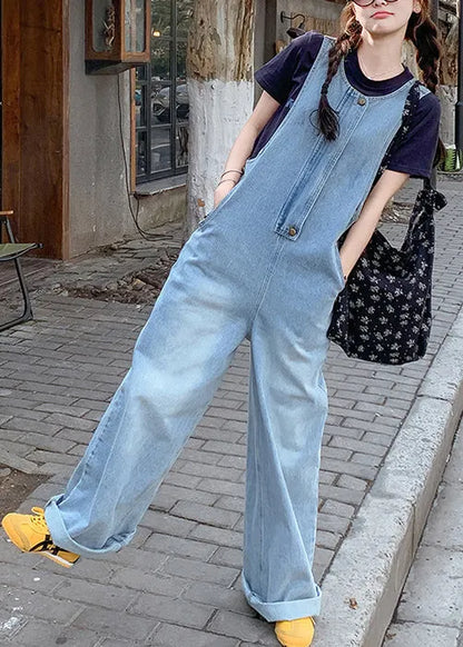 Simple Blue O-neck Pockets Denim Jumpsuit Sleeveless