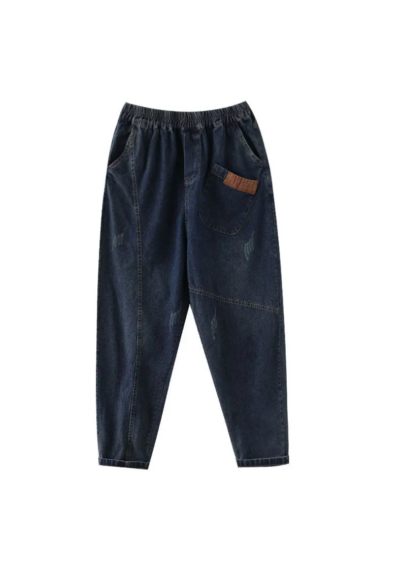 Blue Elastic Waist Pockets Cotton Denim Pants Spring
