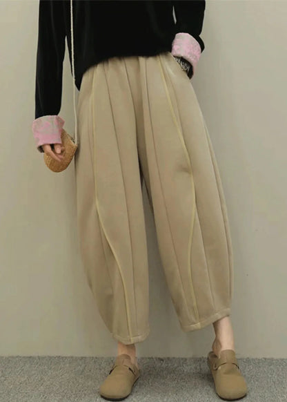 Grey Pockets Elastic Waist Patchwork Cotton Pants Fall