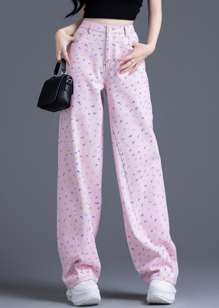 Pink Pockets Print Denim Straight Pants Spring