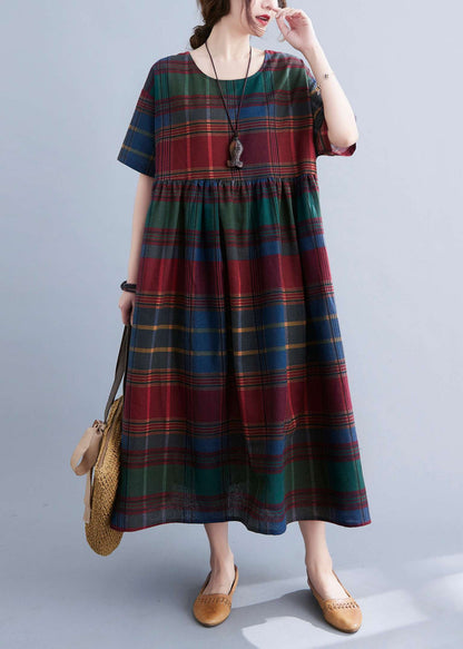 Boutique Red Plaid O-neck Wrinkled Cotton Long Dress Short Sleeve