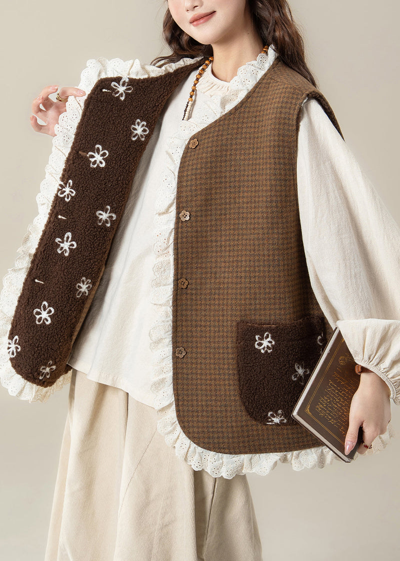 Plaid Coffee Lace Patchwork Wear on Both Sides Teddy Faux Fur Waistcoat Sleeveless