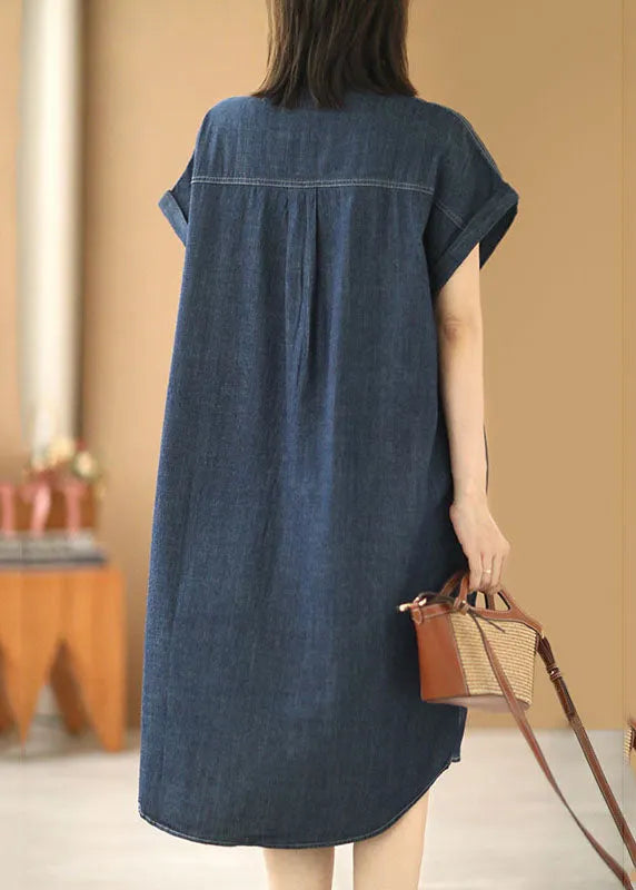Navy Color Peter Pan Collar Button Cotton Denim Dresses Short Sleeve
