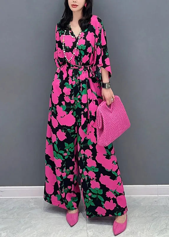 Rose V Neck Print Chiffon Overalls Jumpsuit Summer