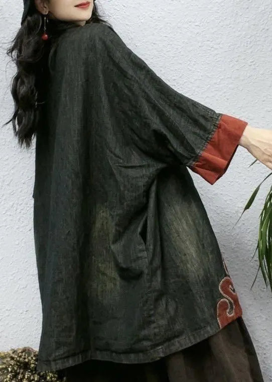 Black Embroidered Button Cotton Coat Bracelet Sleeve