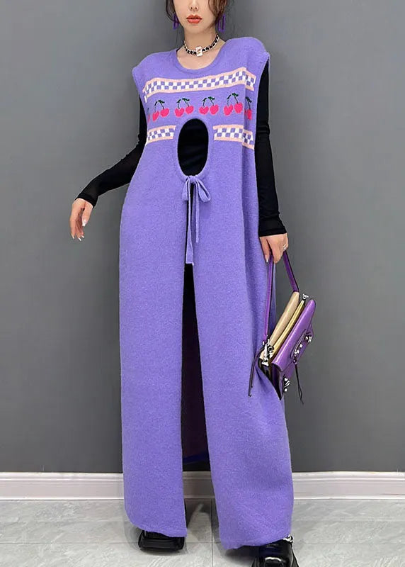 Purple Print Side Open Cashmere Knit Long Dresses Sleeveless