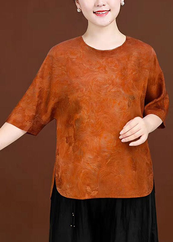 Jacquard Orange O-neck Low High Design Silk T Shirts Summer