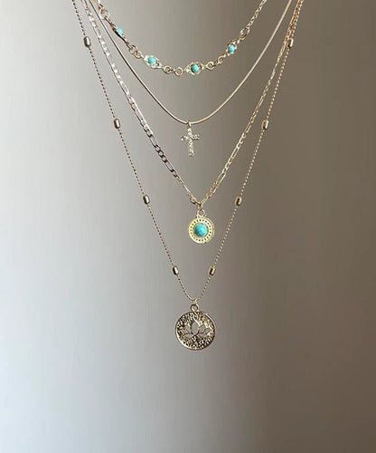 Art Gold Sterling Silver Overgild Turquoise Hollow Out Layered Tassel Pendant Necklace