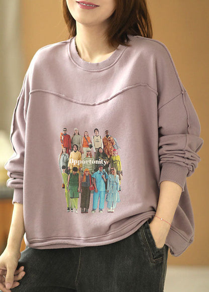 Grey Purple Loose O-neck Pockets Fall Loose Sweatshirt