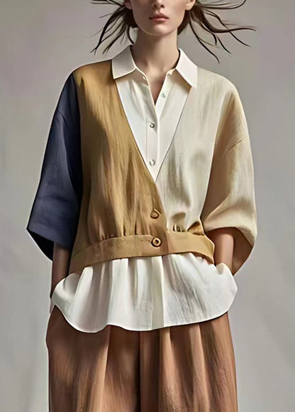 Classy Colorblock Patchwork Button Fake Two Pieces Shirts Bracelet Sleeve