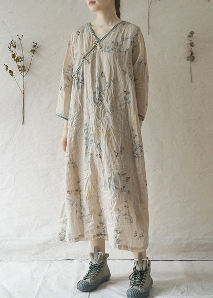 Beige V Neck Print Patchwork Linen Long Dresses Long Sleeve