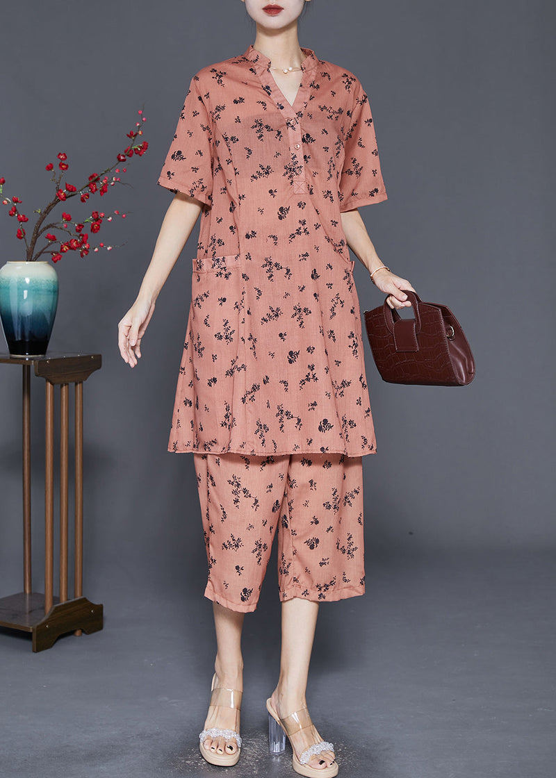 Orange Oversized Print Pockets Cotton Two Pieces Set Summer