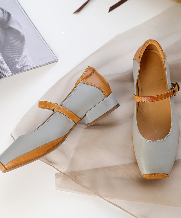 Buckle Strap Flat Shoes for Grey Comfy Cowhide Leather