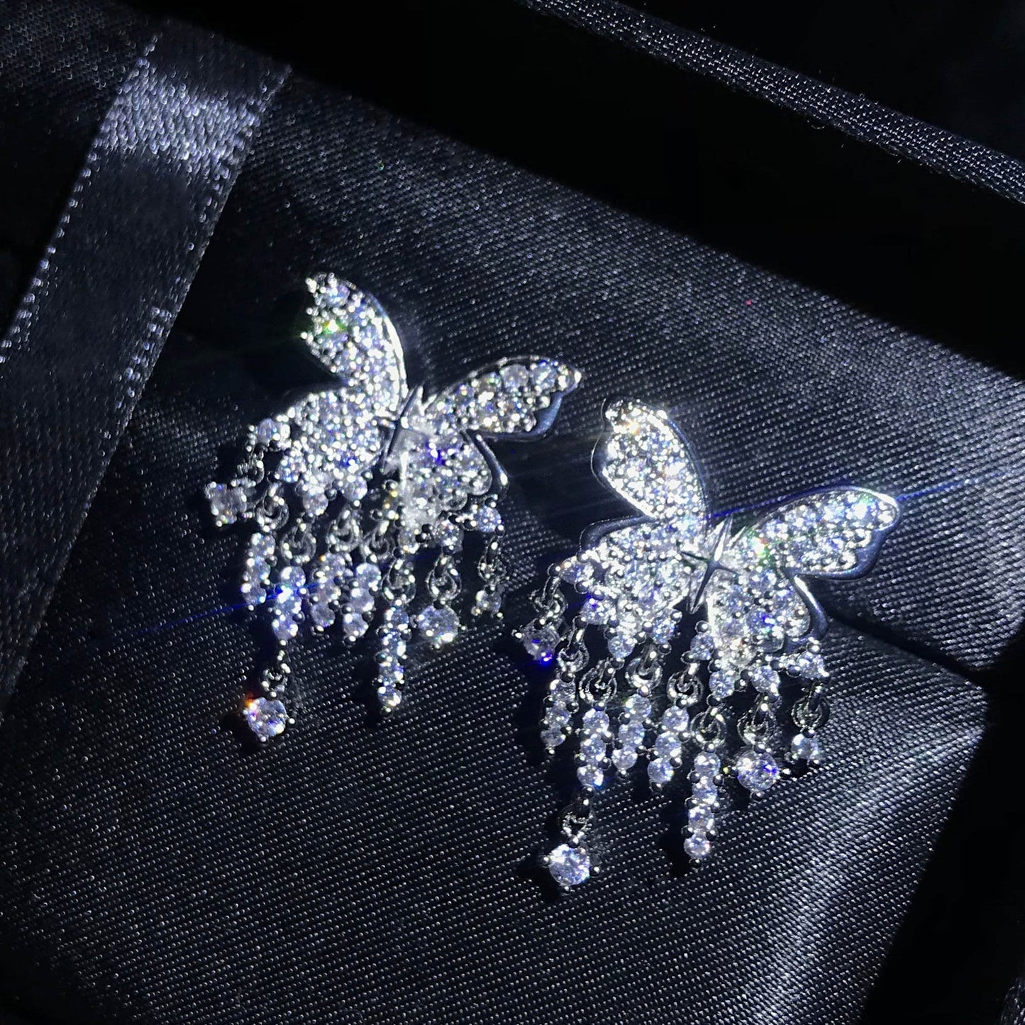 Diy Silk Sterling Silver Zircon Butterfly Tassel Drop Earrings