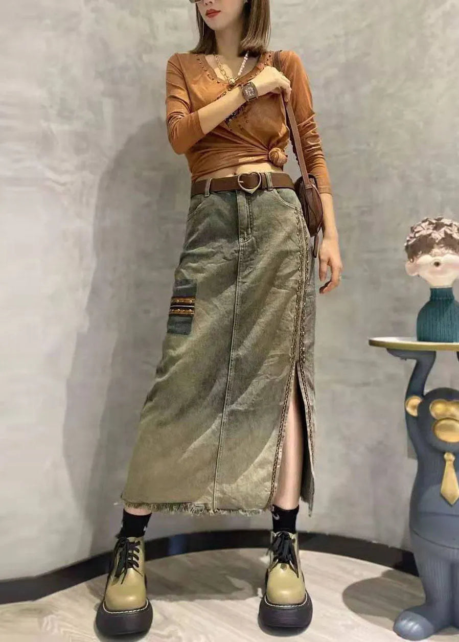Photo Color Side Open Patchwork Tasseled Denim Skirt Summer