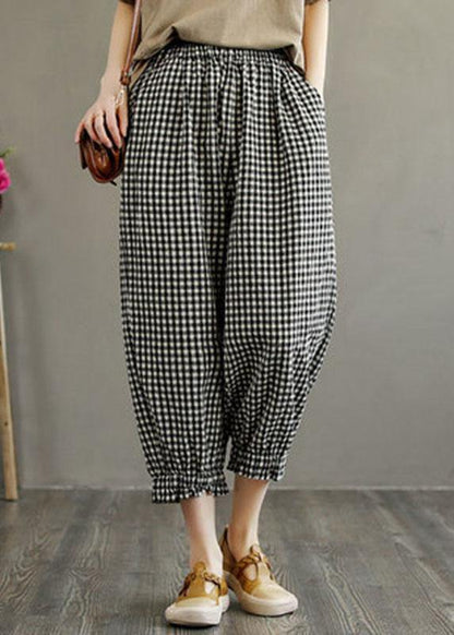 Plaid Elastic Waist Pockets Harem Pants Linen