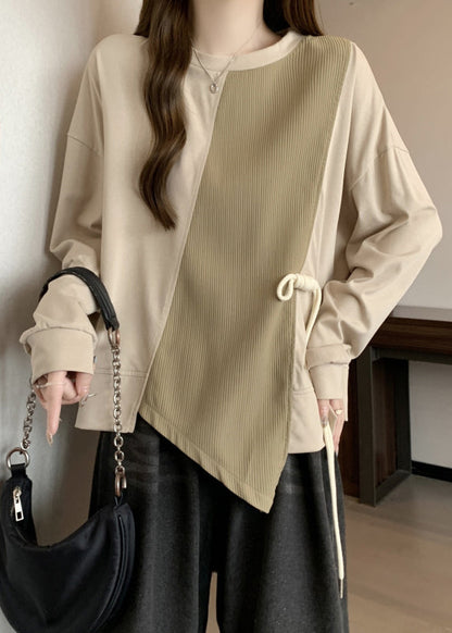 Khaki Asymmetrical Patchwork Cotton Sweatshirt Fall