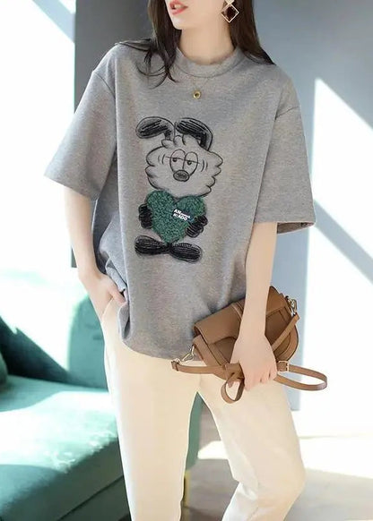 Grey O Neck Print Patchwork Cotton T Shirt Summer