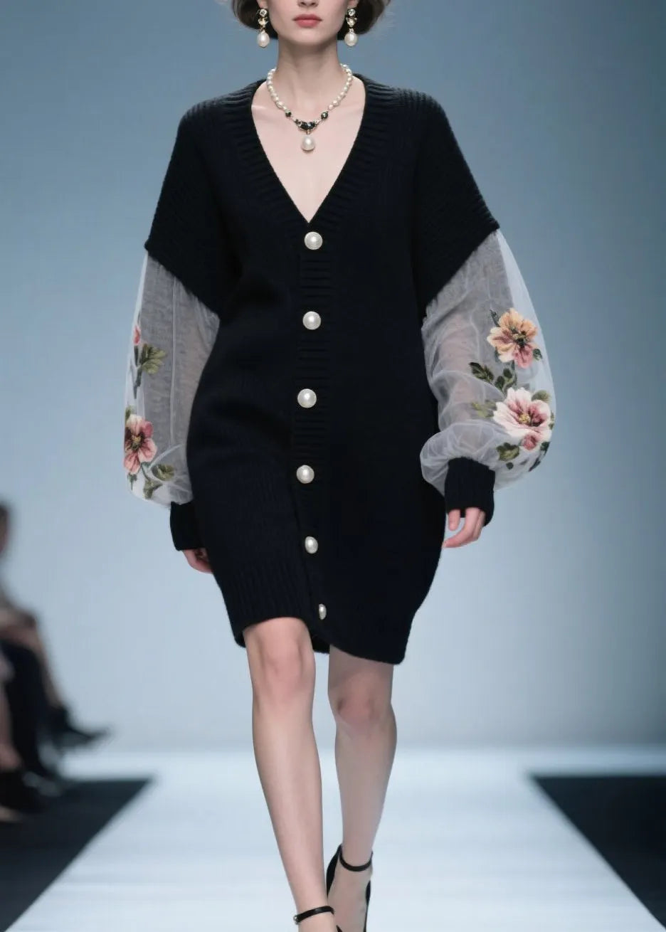 Loose Black V Neck Button Patchwork Knit Coat Fall