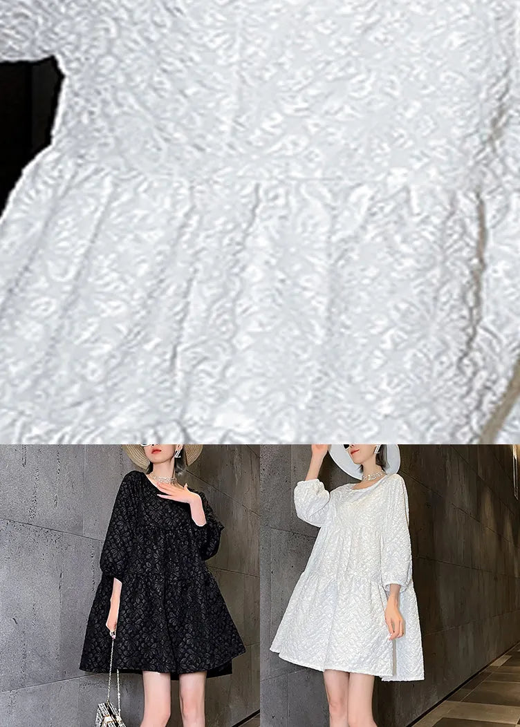 White O-neck a Line Mid Dress Long Sleeve