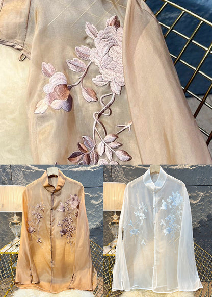New Khaki Embroidered Button Tulle Blouses Long Sleeve